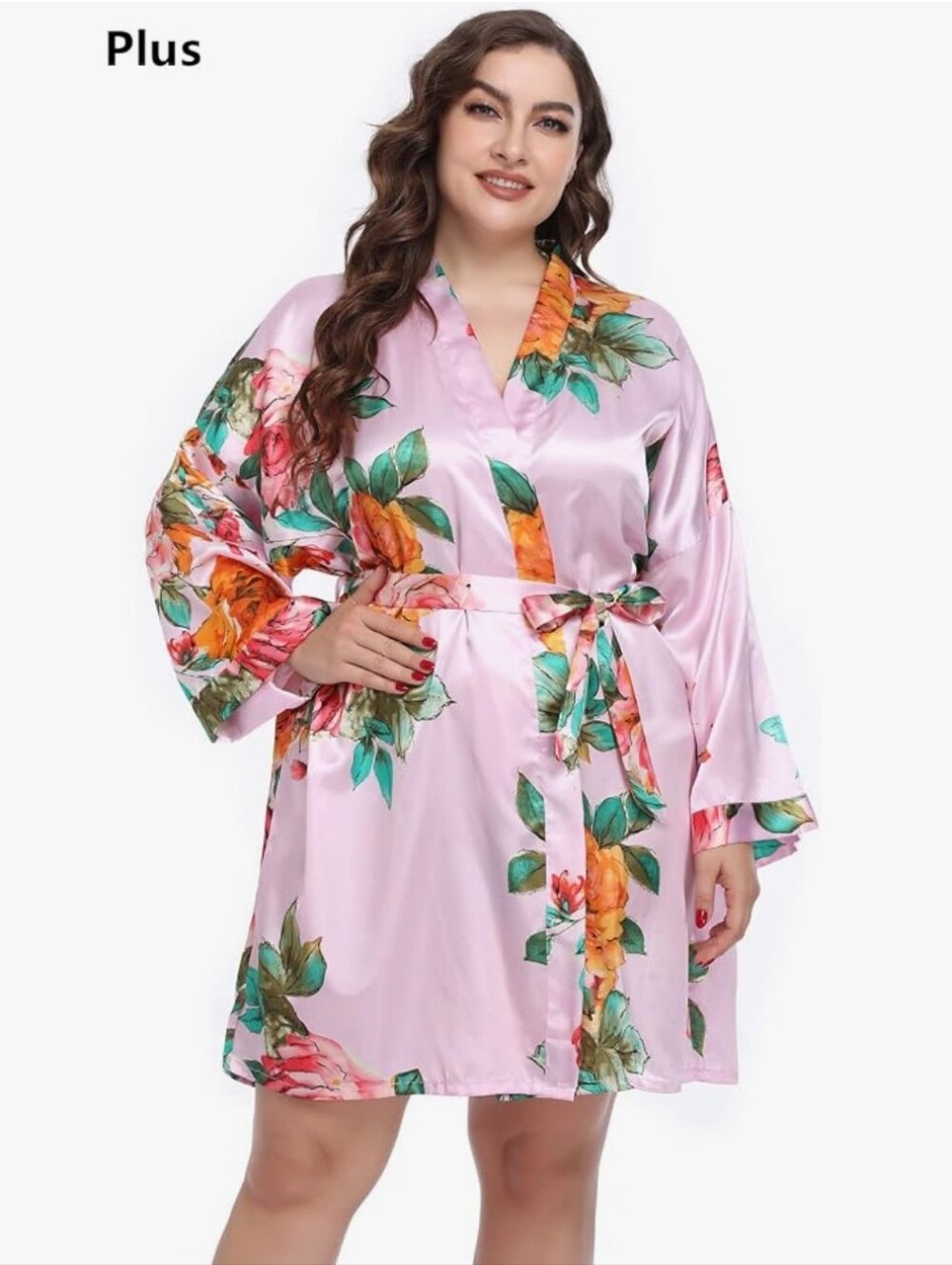 Floral Satin Kimono Robe in Pink XXL/XXXL